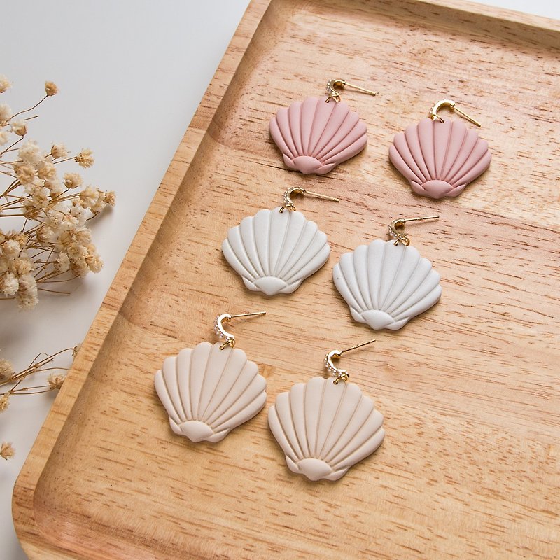 Scallop Shell Drops Handmade Polymer Clay Earring Summer Earrings - Earrings & Clip-ons - Clay Pink