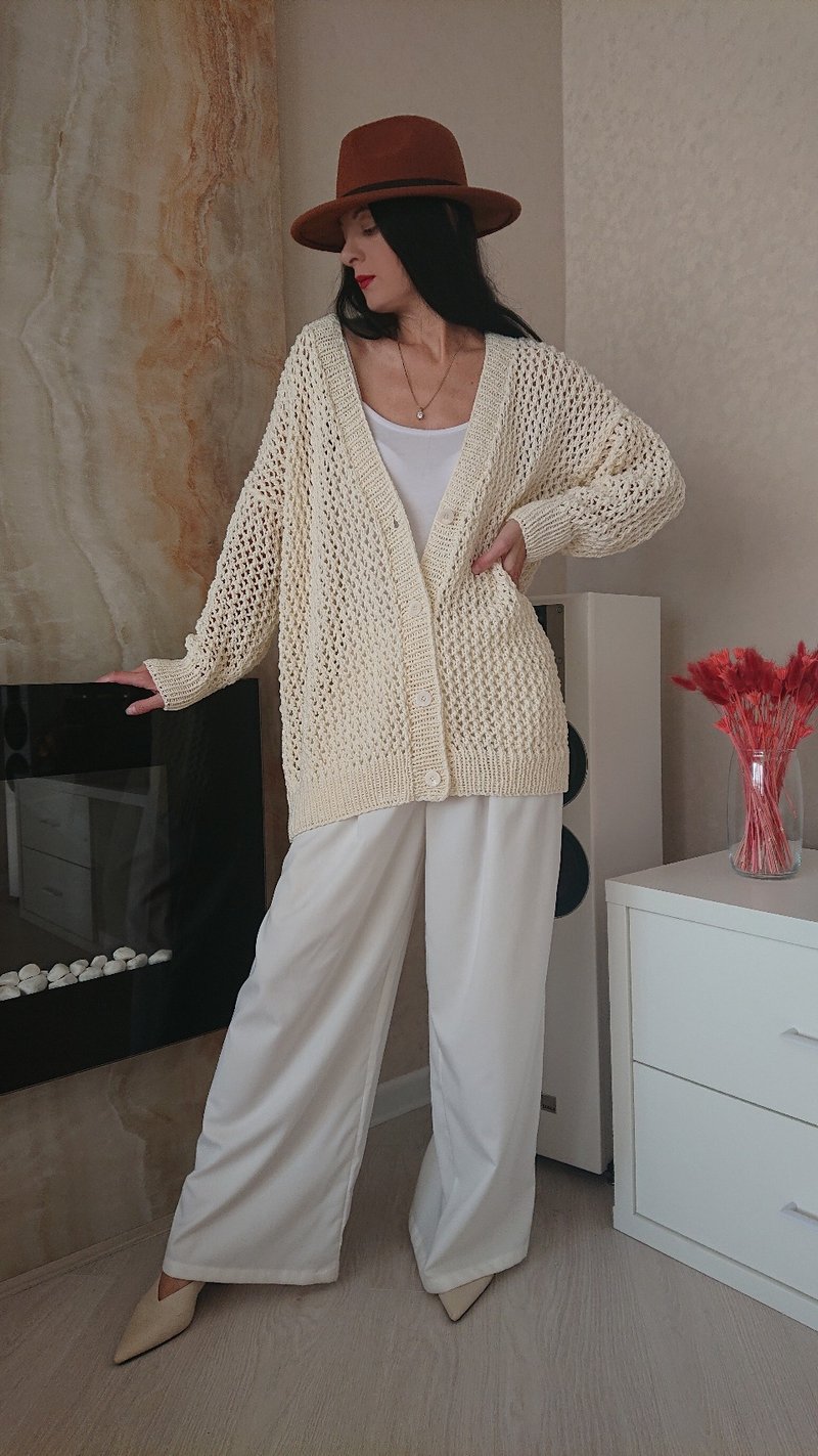 Sheer cardigan Classic knit cardigan White sweater jacket Lace cotton blouse top - 女毛衣/針織衫 - 棉．麻 