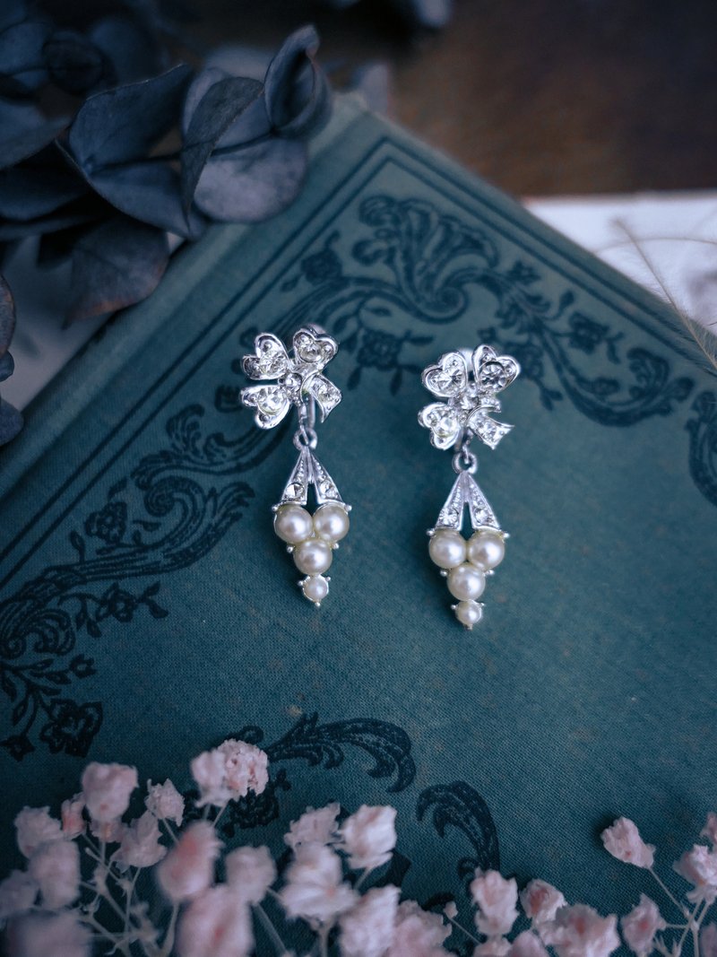 Coro 酢漿草垂墜珍珠紫籐花耳環—美國古董首飾 Vintage Jewelry - 耳環/耳夾/耳骨夾 - 銀 