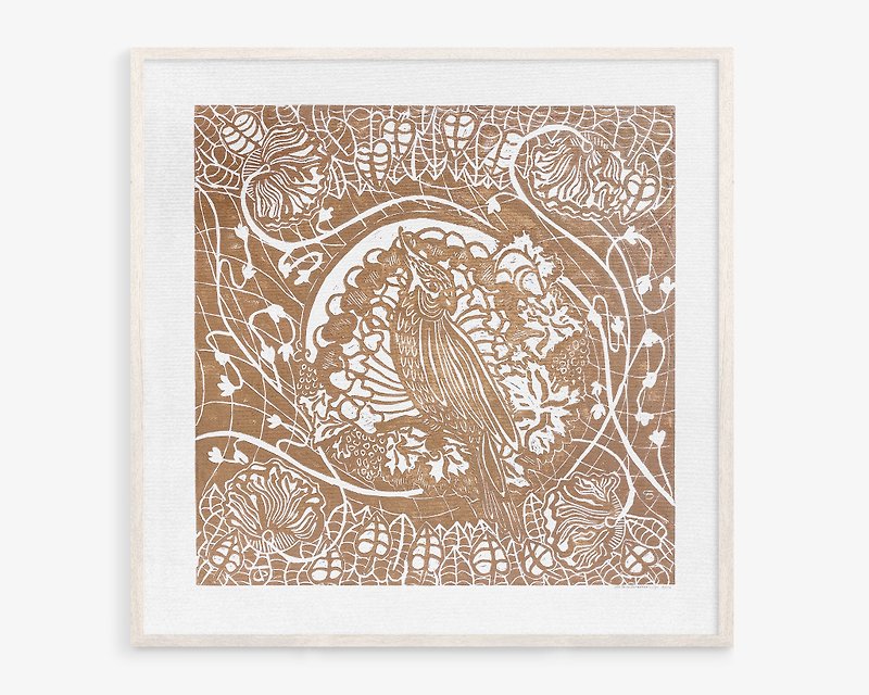 植物のリノカットプリント ベージュの花柄オウム オリジナルアートワーク 寝室の壁アート - ポスター・絵 - 紙 カーキ