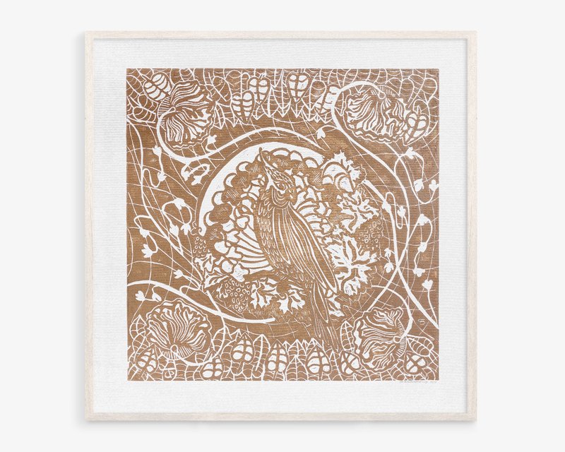 Botanical linocut print Beige floral parrot Original artwork Bedroom wall art - โปสเตอร์ - กระดาษ สีกากี