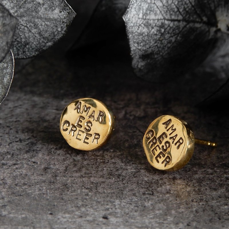 Circle stud message earrings / brass - Earrings & Clip-ons - Copper & Brass Gold