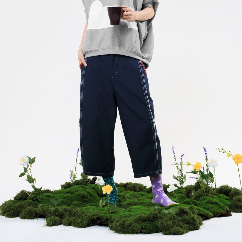 率性側不收邊休閒褲 - 女長褲 - 棉．麻 藍色