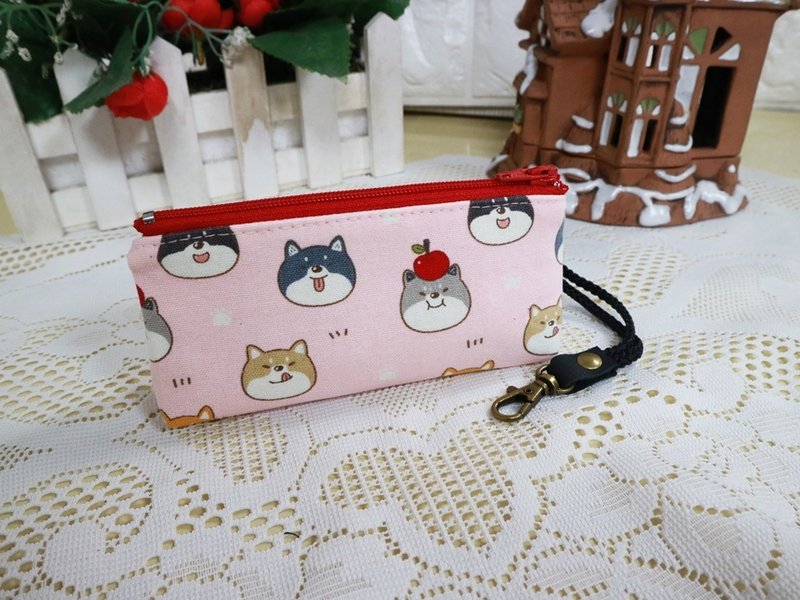 三角鑰匙包 零錢包 耳機袋 ~犬 狗 - 鑰匙圈/鑰匙包 - 棉．麻 粉紅色