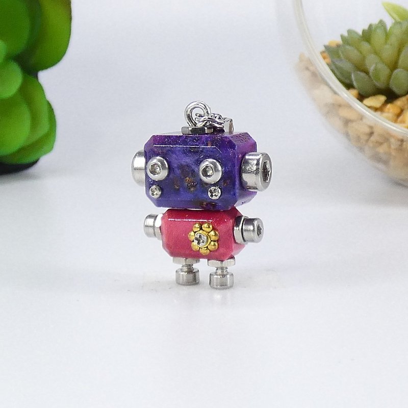 wood and metal robot charm stabilized wood, - Keychains - Wood Purple
