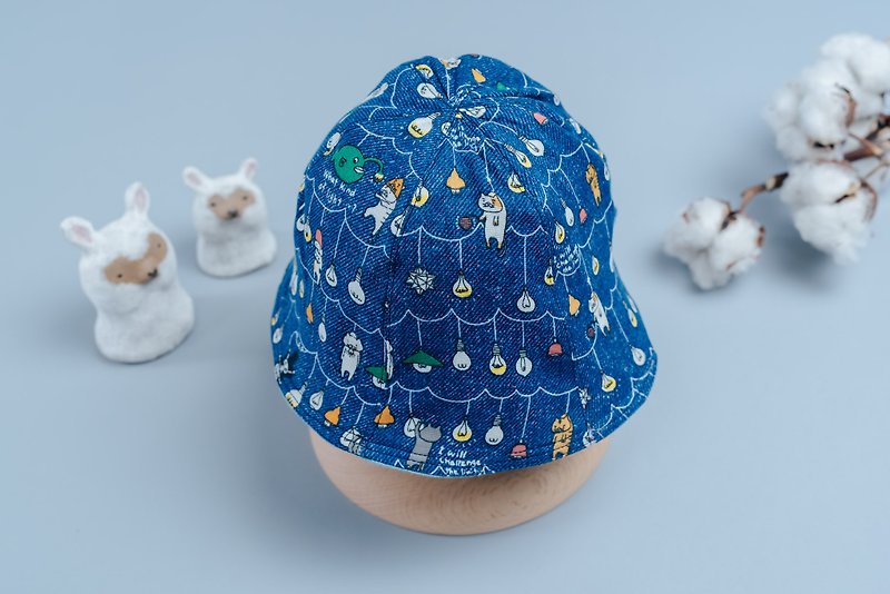 雙面漁夫帽  手繪恐龍手作 童裝 新生兒 嬰兒 親子 帽 漁夫 - 嬰兒帽子/髮帶 - 棉．麻 藍色