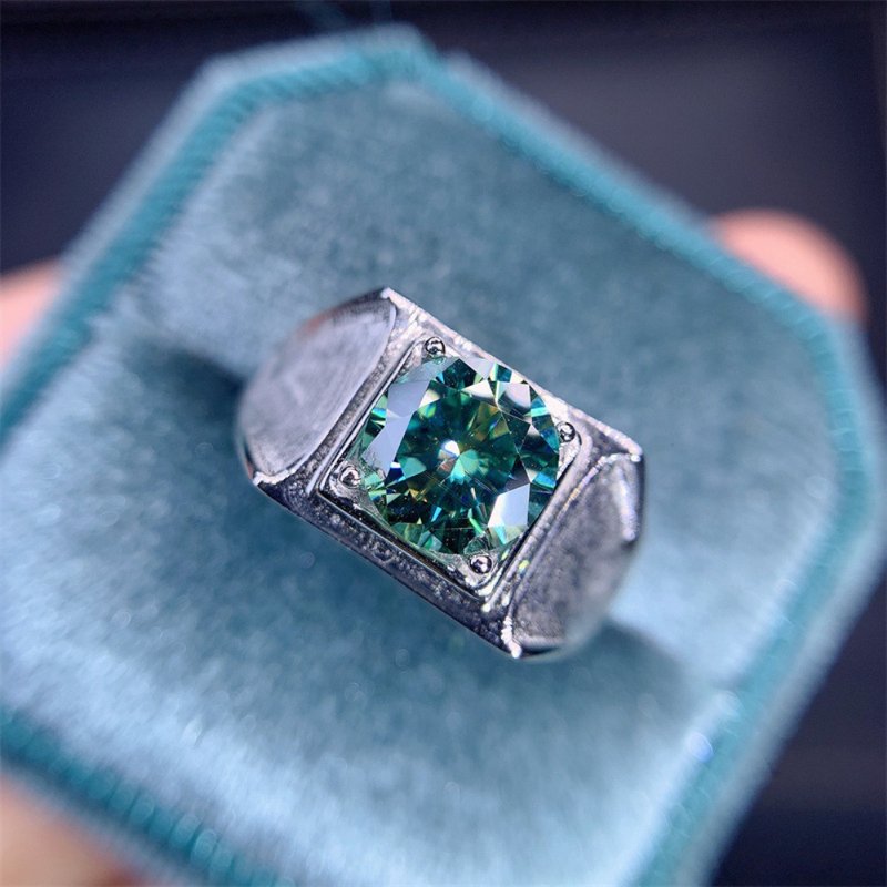 Moissanite Men's Ring, 2 Ct Green Moissanite Ring, Moissanite Silver Ring - 戒指 - 其他金屬 銀色
