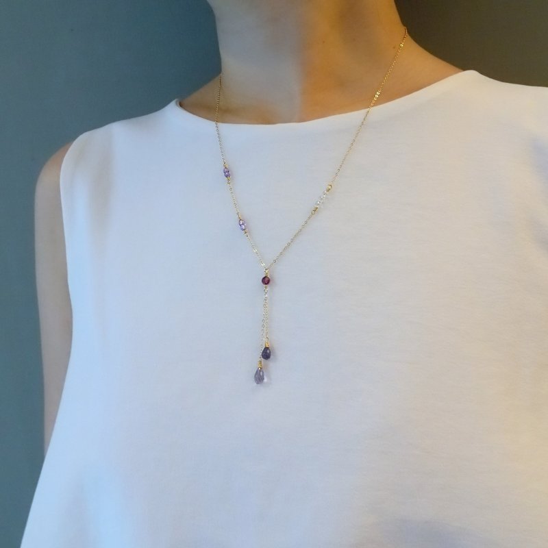 Iolite Faceted Teardrop Briolettes Dainty 14K GF Dual Drop Pendant Y Necklace - Necklaces - Semi-Precious Stones Purple