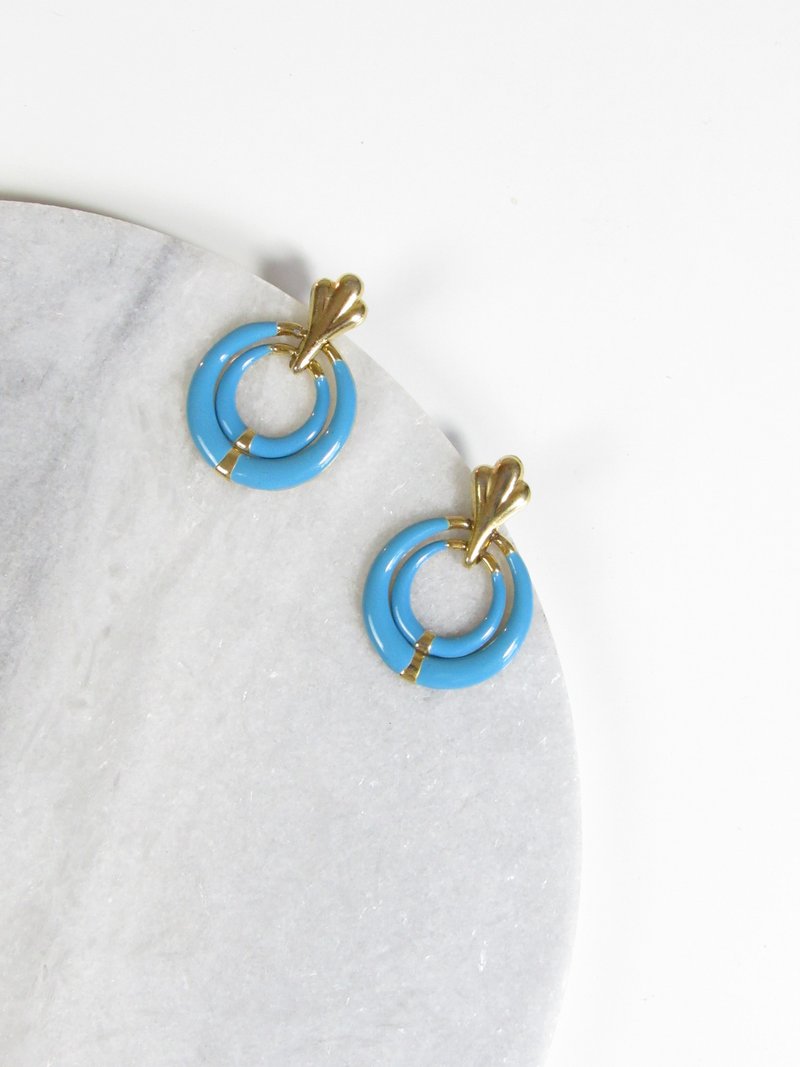 Vintage Door knocker Blue Enamel Statement Earrings - ต่างหู - เครื่องประดับ สีทอง