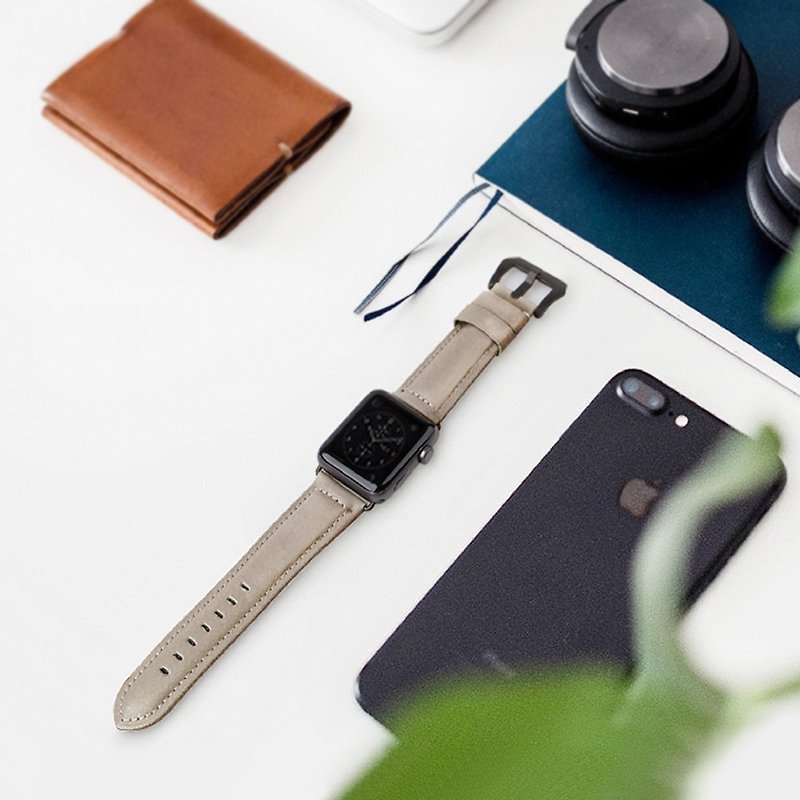 Applewatch 42/44mm Duffle質感真皮手作縫線錶帶-米色 - 錶帶 - 真皮 卡其色