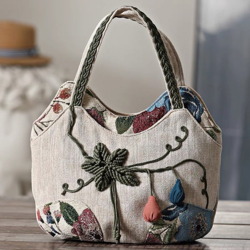 Small fresh forest style hand-woven canvas bag multi-compartment handbag - Handbags & Totes - Cotton & Hemp White