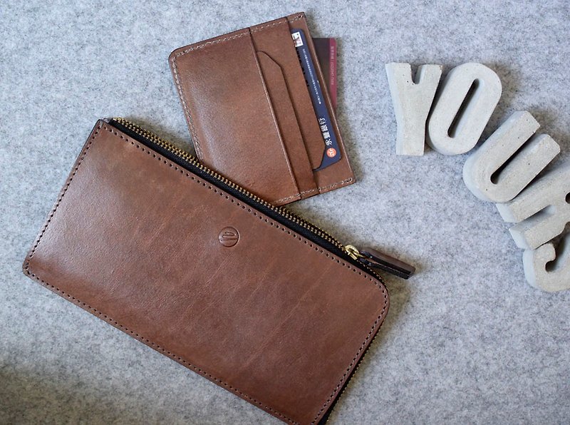 YOURS two-piece large-capacity long clip dark wood color leather - Wallets - Genuine Leather 
