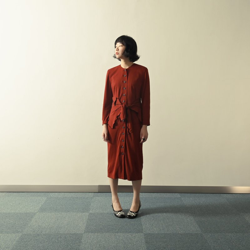 【NaSuBi Vintage】Strap-embellished solid color knitted vintage dress - One Piece Dresses - Wool Red