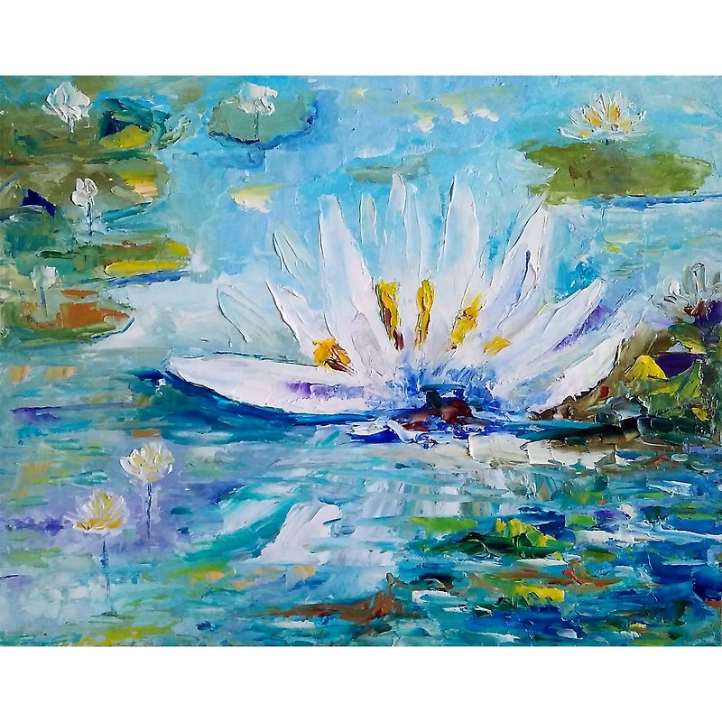 Water Lily Painting Original Art, White Lotus Flower Picture, Floral Wall Art - โปสเตอร์ - วัสดุอื่นๆ หลากหลายสี