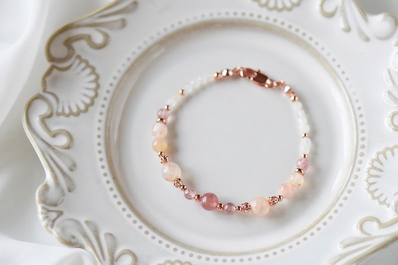 Autumn Moon。Flower Agate Strawberry Quartz Gemstone 14kgp Rose gold Bracelet - Bracelets - Crystal Pink