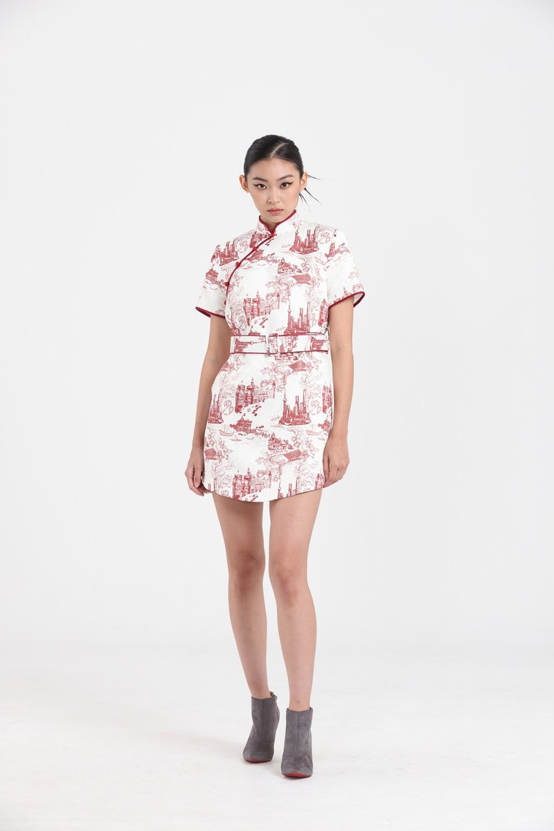 Yi-ming MACY SHIFT DRESS W/ BELT (WHITE/ RED) - Qipao - Cotton & Hemp 