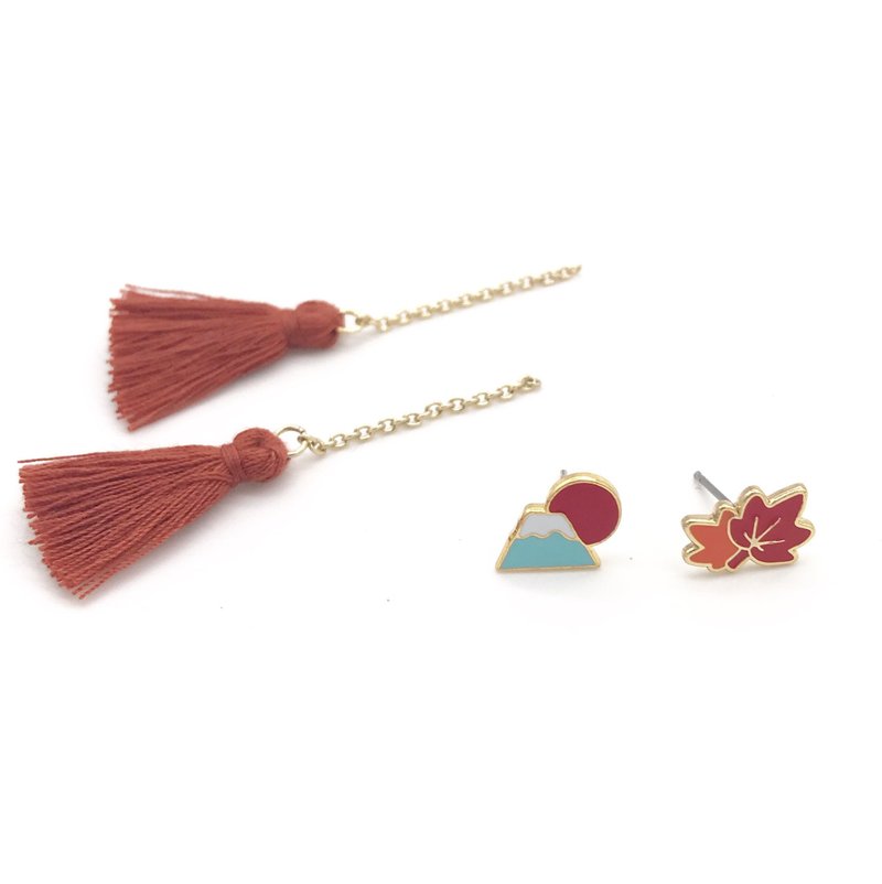 Mount Fuji Sunrise Maple Leaf Goldfish Amber Tassel Earrings, Clip-on Earrings, Birthday Gift, Fuji - ต่างหู - วัตถุเคลือบ สีแดง