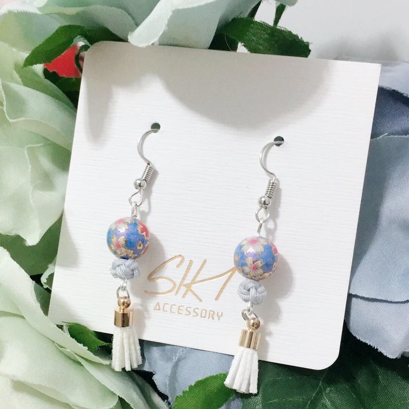 【Can change to ear clips】Japanese painted bead w/ Chinese Knot & leather tassel - Earrings & Clip-ons - Sterling Silver Blue