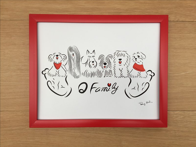 Q Family 狗狗家族圖＋8x10吋相框（紅） - 畫框/相架  - 其他材質 白色