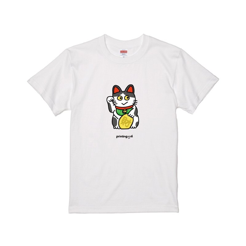 招財貓(招き猫) 短袖T恤 黑白花貓  白t-shirt - 女 T 恤 - 棉．麻 多色