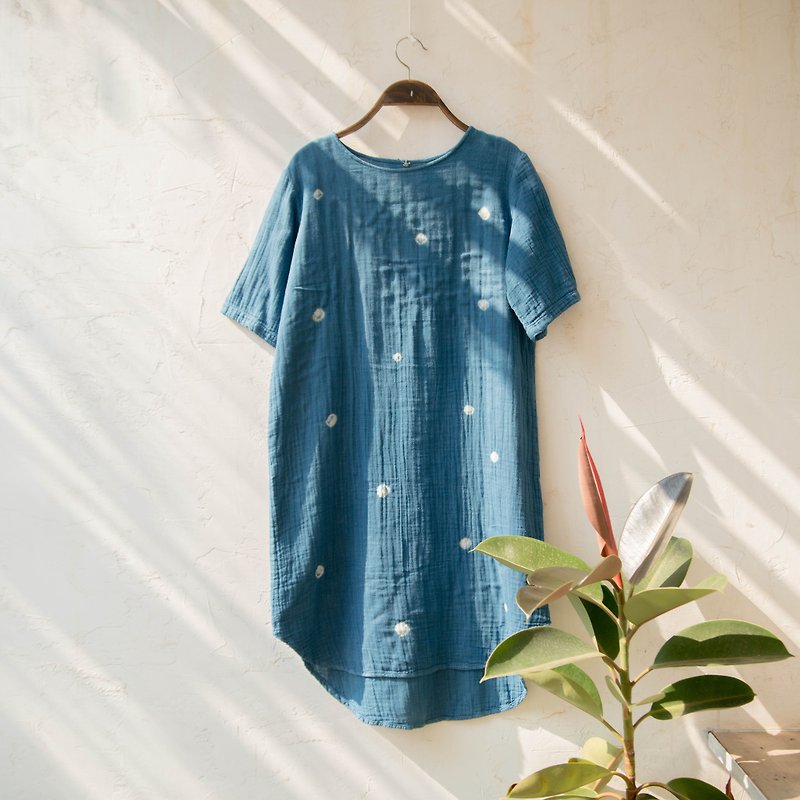 polka dot dress | indigo dyed soft cotton | 05 - 連身裙 - 棉．麻 藍色