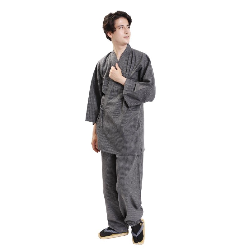 日本 和服 綿 作務衣 居家服 套裝 Sashiko 工藝 M L LL 深灰 - 睡衣/居家服 - 棉．麻 灰色