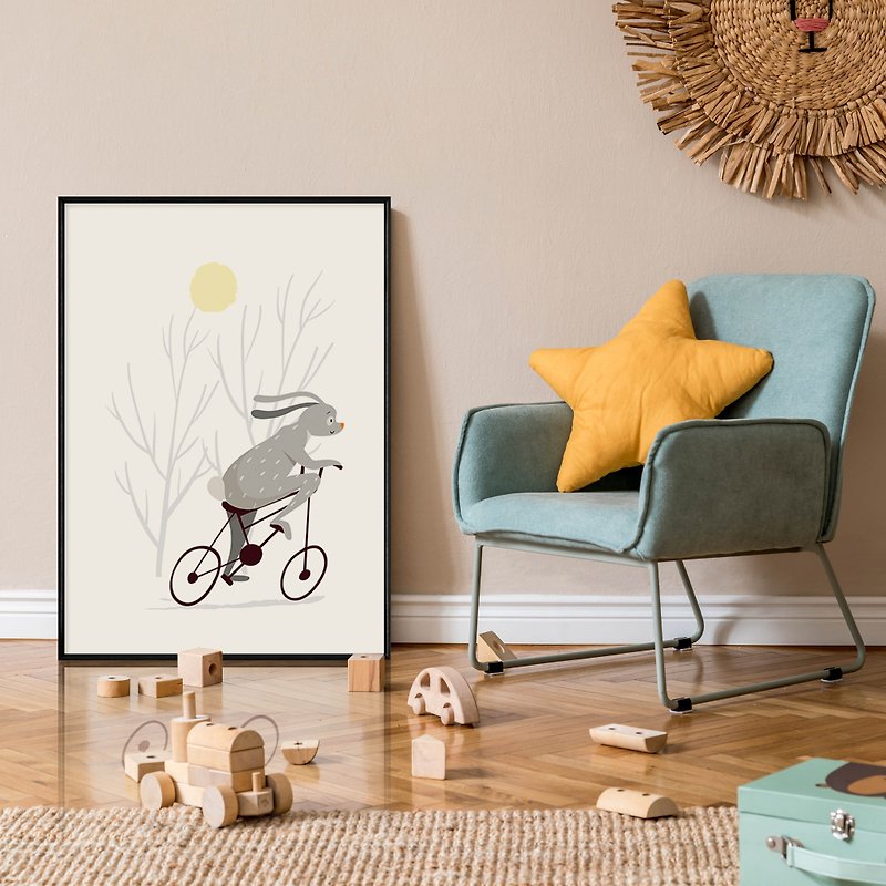 Mr.Rabbit Chasing the Clock-Nursery Wall Art, Bunnies Nursery Prints - โปสเตอร์ - ผ้าฝ้าย/ผ้าลินิน สีเหลือง
