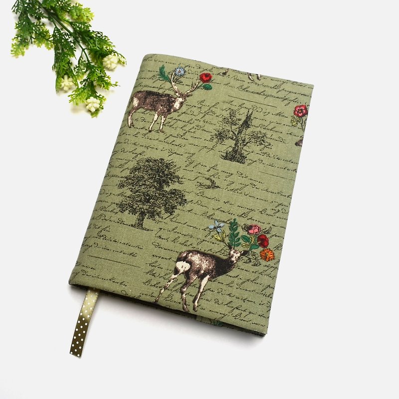 Sika deer book cover with bookmark handmade Print Cotton Fabric canvas - Book Covers - Cotton & Hemp Green