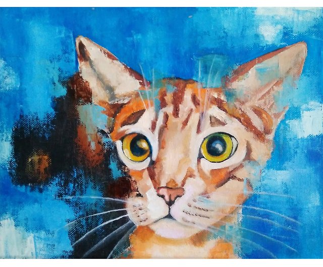 オリジナルの絵画ぶち猫、面白いペットの肖像画、猫の壁の芸術