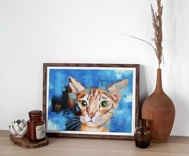 オリジナルの絵画ぶち猫、面白いペットの肖像画、猫の壁の芸術