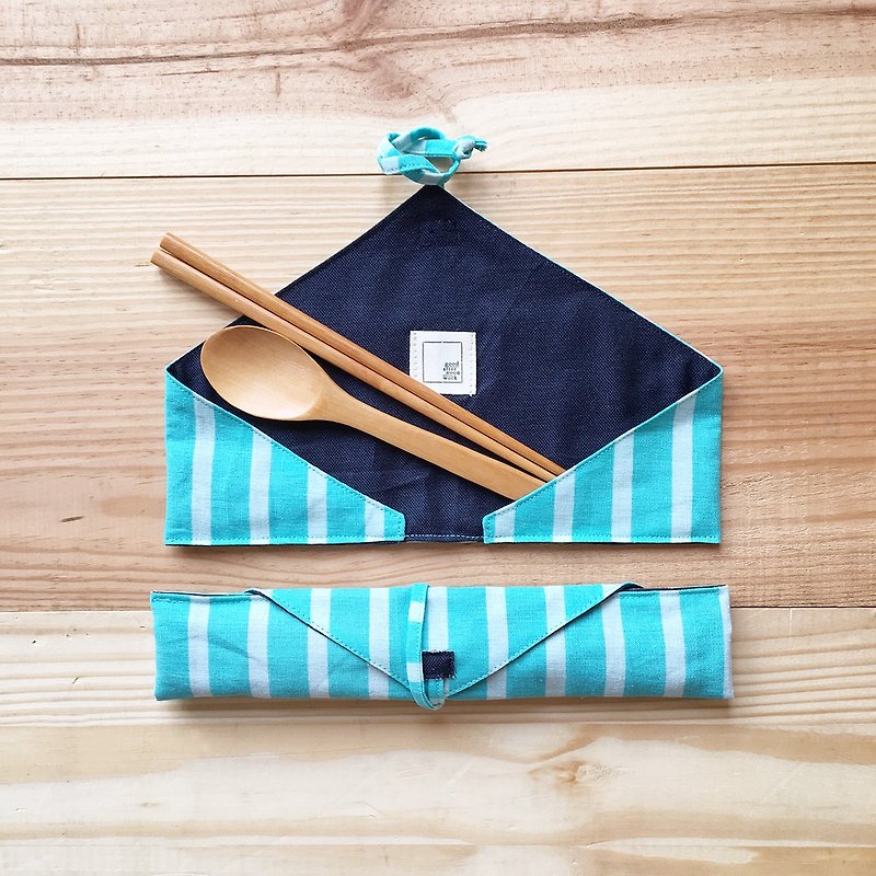 DailyPOUCH blue stripe+dark blue linen - ตะเกียบ - ผ้าฝ้าย/ผ้าลินิน สีน้ำเงิน