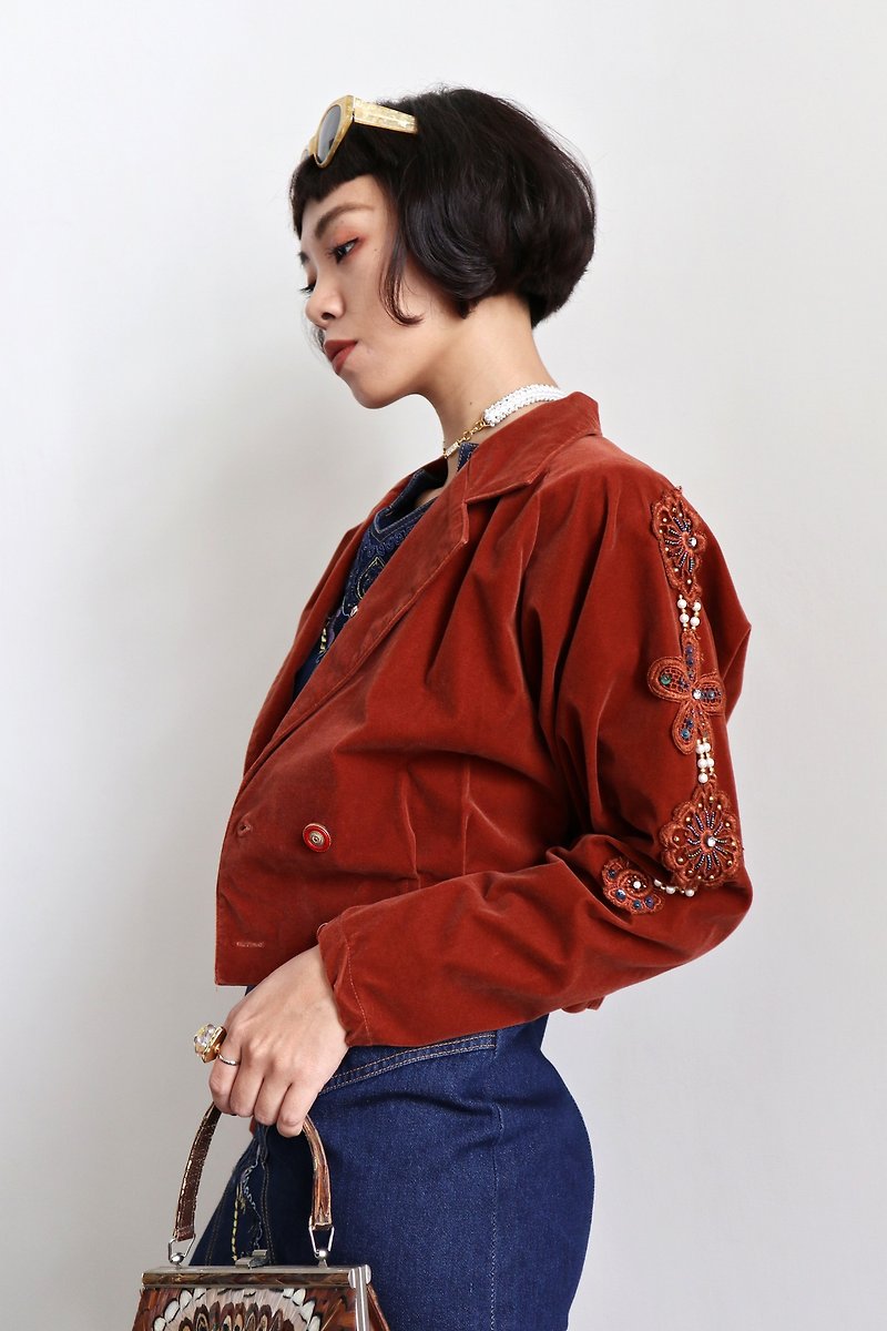 Pumpkin Vintage. Ancient embroidered beads suede flying sleeve sleeve coat - Women's Casual & Functional Jackets - Other Materials Brown
