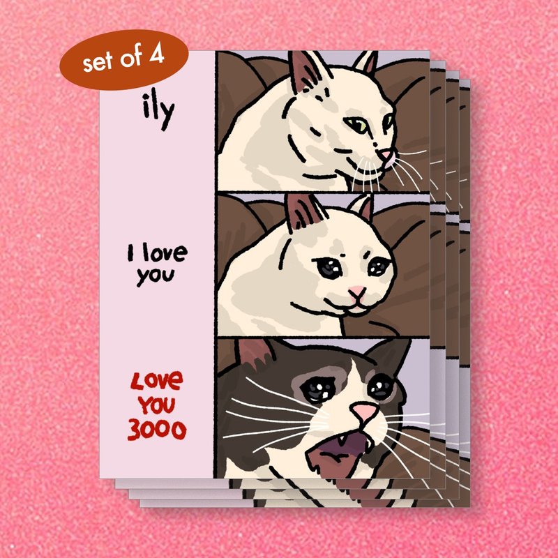 Love You 3000 Sad cat meme postcard set of 4 - 卡片/明信片 - 紙 多色