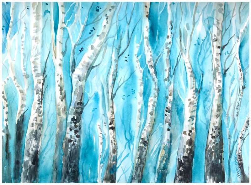 Original birch Watercolor PAINTING Landscape Artwork Aquarelle - Wall Décor - Other Materials Blue