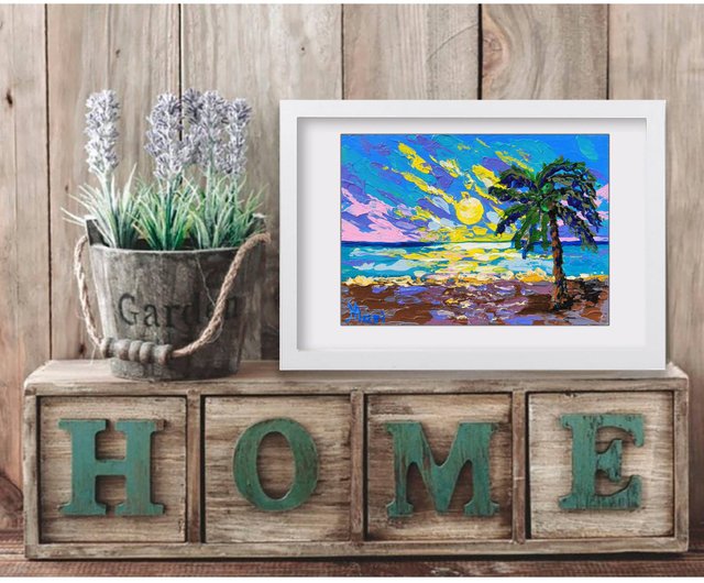 ヤシの木絵画日没トロピカルスカイスケープオリジナルアート旅行夜