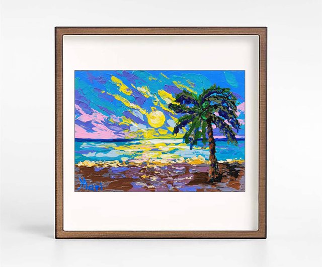 ヤシの木絵画日没トロピカルスカイスケープオリジナルアート旅行夜