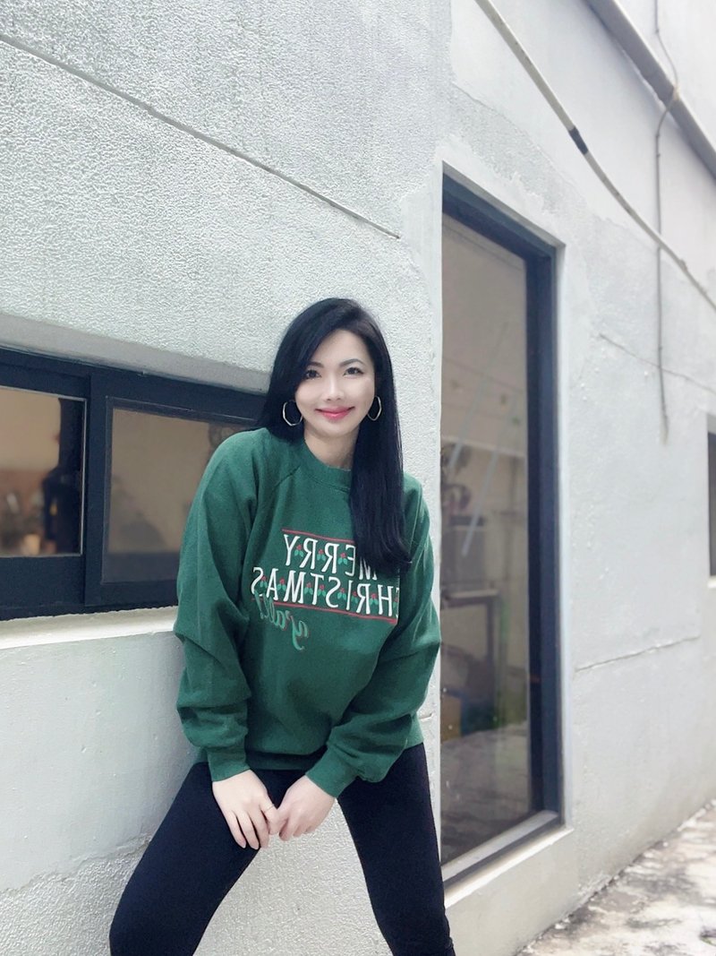 U.S.A. sweatshirt 深綠聖誕節日寬鬆大尺寸 古著大學T衛衣 - 帽T/大學T - 棉．麻 綠色