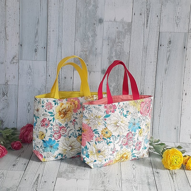 花柄　カラフル　ミニトートバッグ　派手　ピンク　黄色　大きい柄　ハンドバッグ　サブバッグ - トートバッグ・ハンドバッグ - コットン・麻 ピンク