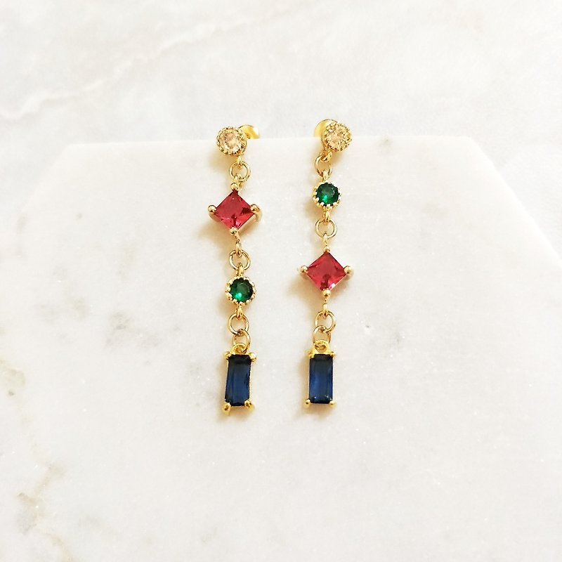 :: Elegant Zircon Series :: Colorful Zircon Earrings Contrast Earrings Sweet Romantic Asymmetric Earrings - ต่างหู - โลหะ หลากหลายสี