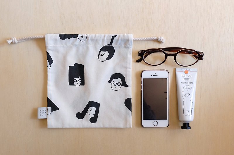 Miss Hairy Collection / Handmade Silkscreen Drawstring Pouch / S Size - Toiletry Bags & Pouches - Cotton & Hemp White