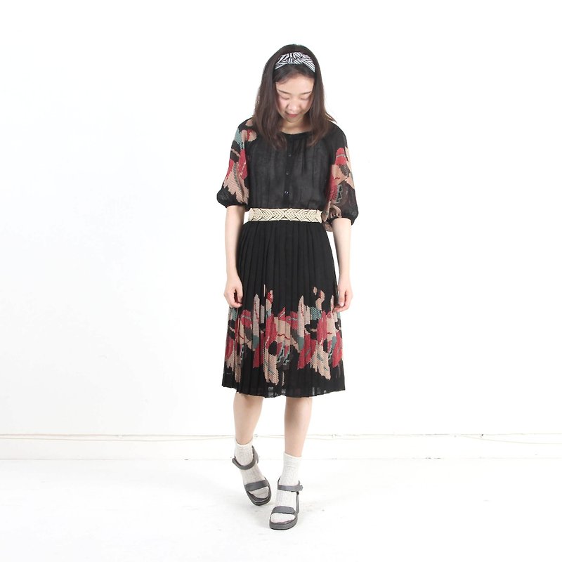 [Egg Plant Vintage] Digital Leaf Print Short Sleeve Vintage Dress - One Piece Dresses - Polyester Black