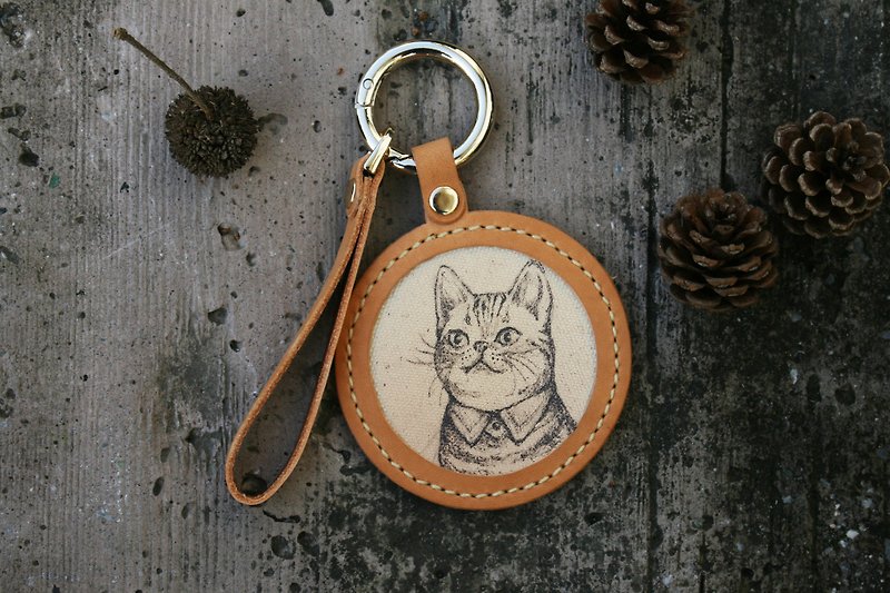 Handmade Leather - Pet Sketch Keyring - Tabby Cat / English Name Engraved - Keychains - Genuine Leather Brown