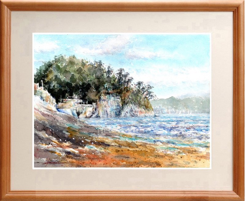 水彩画風景画　鎌倉・稲村ヶ崎海岸 - 海報/掛畫/掛布 - 紙 藍色