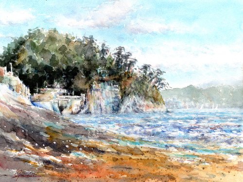 水彩画風景画 鎌倉・稲村ヶ崎海岸 - ショップ 松下勝明 ポスター