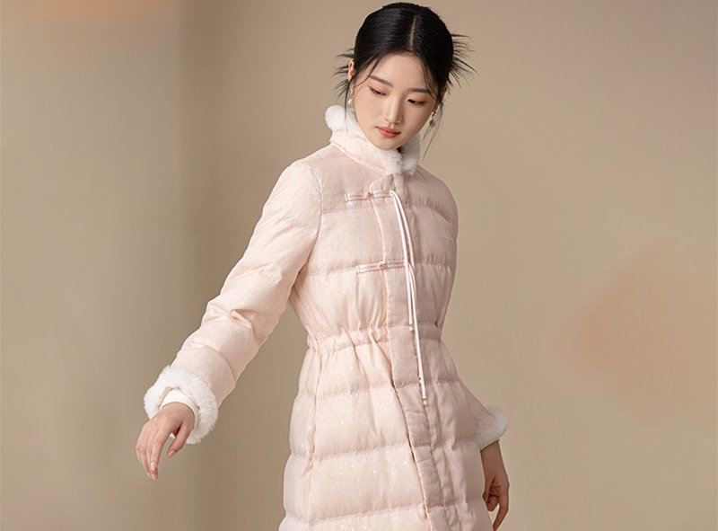 新中式  冬季羽絨服中國風蕾絲刺繡鴨絨粉色長款外套 - 女大衣/外套 - 其他材質 粉紅色