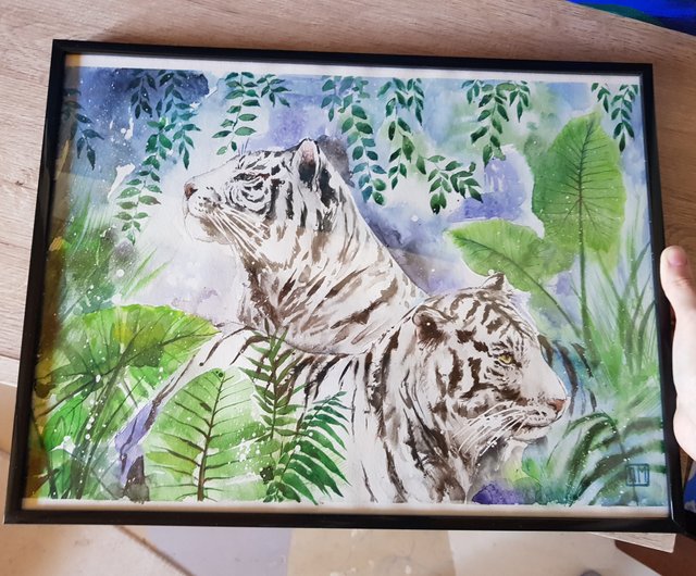 ホワイトタイガーと青いバラの絵画 ホワイトタイガーの油絵 絵画 mimoza 通販 5207436｜Creema