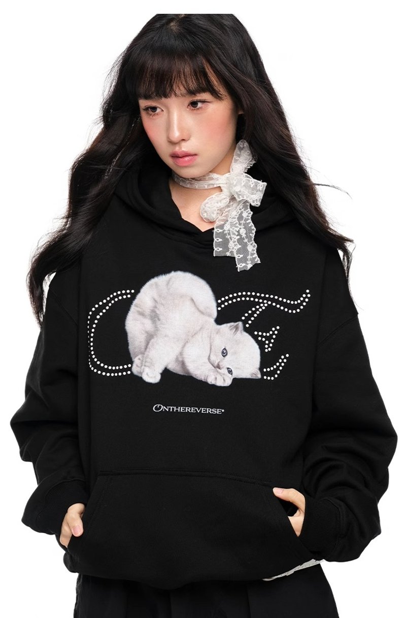 Fashion brand cat hot diamond print hooded sweatshirt for women - เสื้อฮู้ด - วัสดุอื่นๆ 