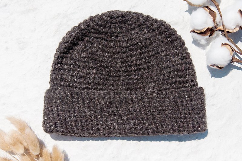 Hand-knitted pure wool cap / woven hat / knitted fur cap / inner bristles crocheted wool cap / wool cap - mixed coffee - Hats & Caps - Wool Brown