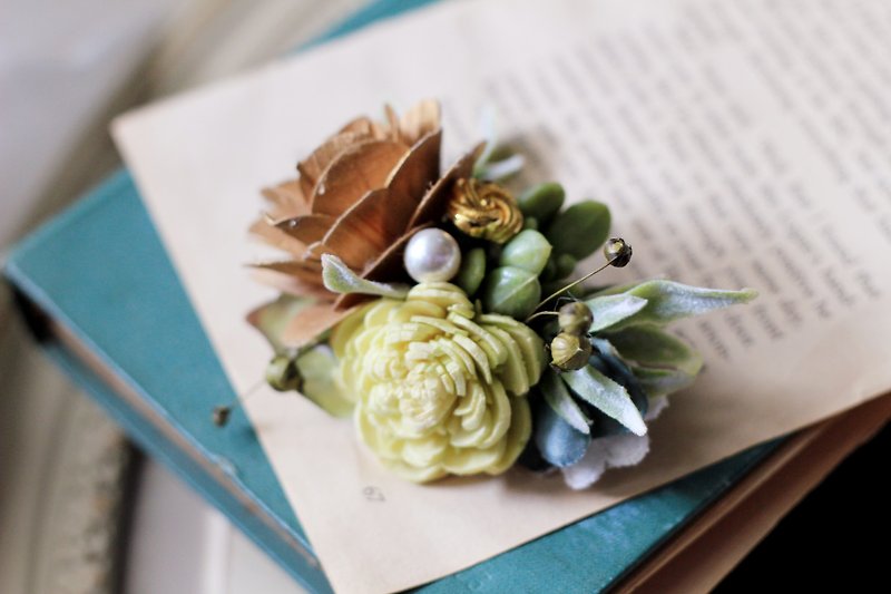 Hair Accessories / Hairpin [Dry Flower and Artificial Flower Series] Golden Rose and Succulent - Hair Accessories - Other Materials Green
