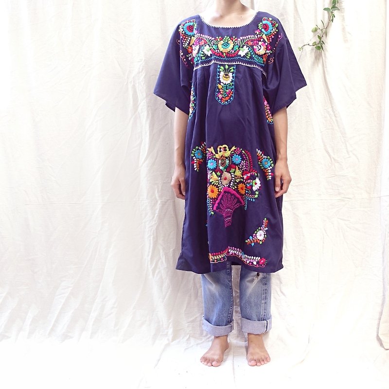 * BajuTua / Vintage / 70'sメキシカン製レインボー手刺繍ドレス - ワンピース - コットン・麻 ブルー